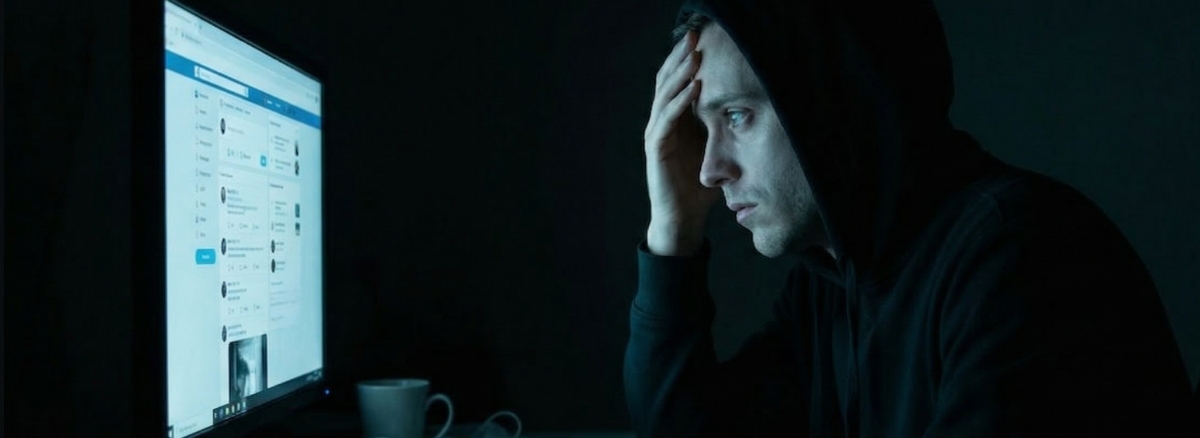 Човек пред екран в тъмна стая